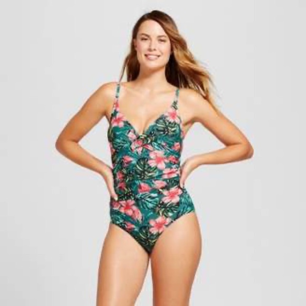 Merona Floral Swimsuit with Red-Orange and Green Accents
